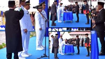 Bertempat di halaman Pogombo, pasangan Erwin Burase–Abdul Sahid dan Amirudin Tamoreka–Furqanuddin Masulili secara resmi dilantik oleh Gubernur Sulawesi Tengah, Dr. H. Anwar Hafid, M.Si. (ist)