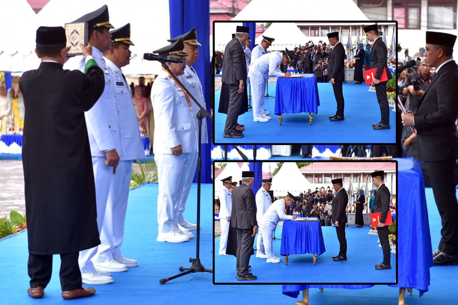 Bertempat di halaman Pogombo, pasangan Erwin Burase–Abdul Sahid dan Amirudin Tamoreka–Furqanuddin Masulili secara resmi dilantik oleh Gubernur Sulawesi Tengah, Dr. H. Anwar Hafid, M.Si. (ist)