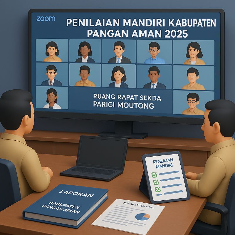 Pemerintah Kabupaten Parigi Moutong mengikuti Zoom Meeting Penilaian Mandiri Kabupaten Pangan Aman 2025 bersama Deputi Bidang Pengawasan Pangan Olahan. Kegiatan ini bertujuan memperkuat sistem pengawasan pangan daerah dan mendukung kesehatan masyarakat. (Foto : Ilustrasi Ai Rajawalinet)